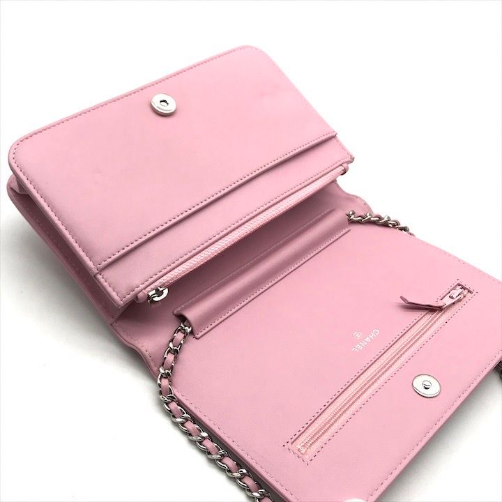 Chanel CC Logo Line Stone Chain Wallet Shoulder Bag Pink