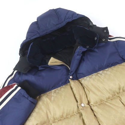 Gucci 590744 GG Logo Sideline Hooded Down Coat Bench Coat Bordeaux Blue Gold 50