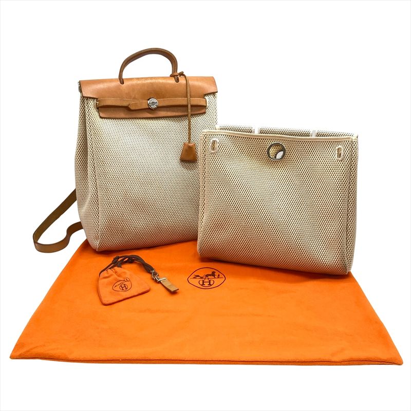 Hermes Herbag A Dos Backpack Toile GM □G Engraved Beige Silver Hardware Women
