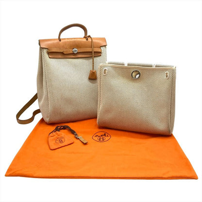 Hermes Herbag A Dos Backpack Toile GM □G Engraved Beige Silver Hardware Women