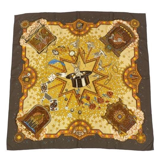 Hermes Carre 90 LA Magie Magic Rabbit Magic Trick Pigeon Clown Silk Brown With