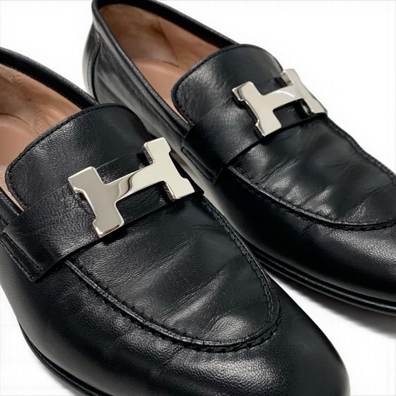 Hermes Paris Loafer Leather Shoes Leather Black Silver Hhardware Moccasin Flat