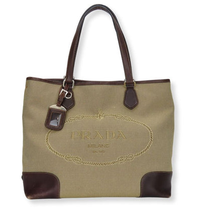 Prada Tote Canvas Leather Beige Brown Silver Hardware Logo Shoulder Casual