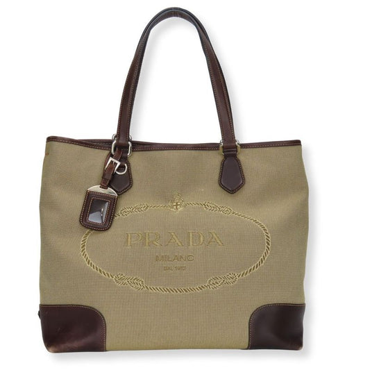 Prada Tote Canvas Leather Beige Brown Silver Hardware Logo Shoulder Casual