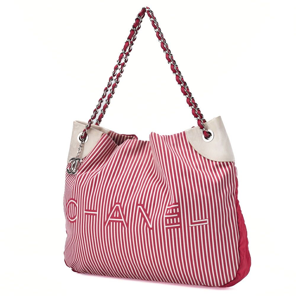 Chanel Chain Shoulder Bag With Coco Charm Striped Canvas Bicolor Silver