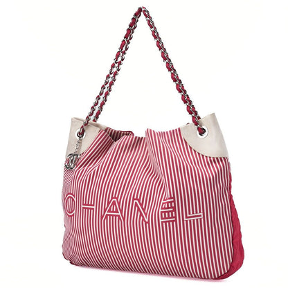Chanel Chain Shoulder Bag With Coco Charm Striped Canvas Bicolor Silver