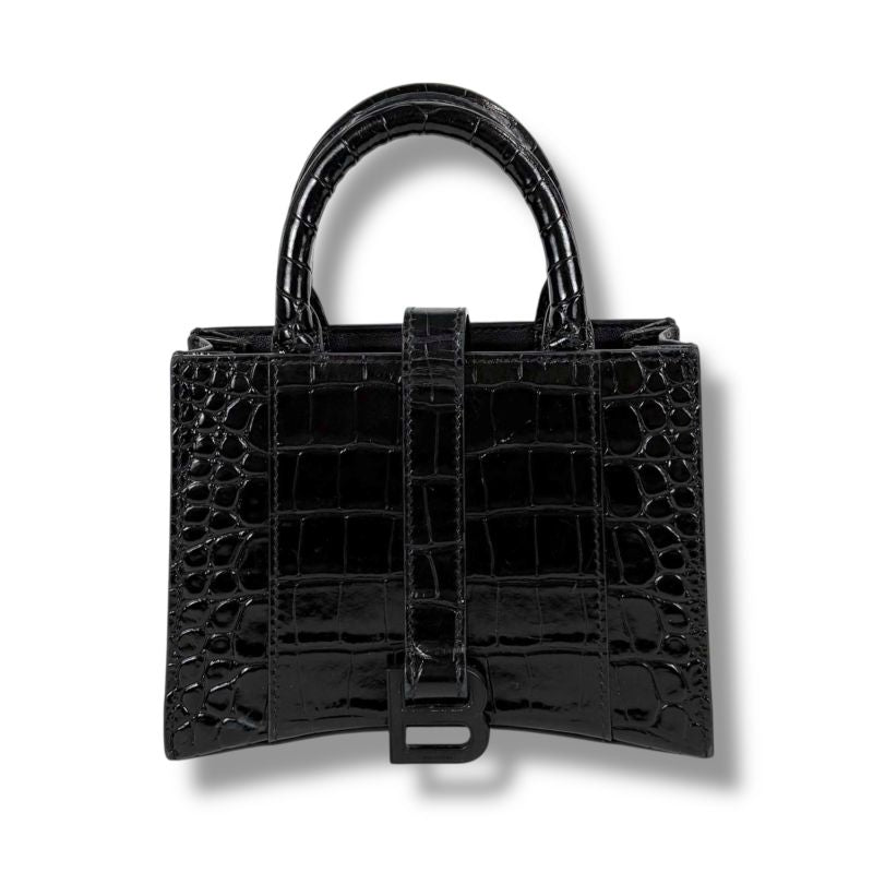Balenciaga Hourglass Mini Handbag Black Croc Shape Pressed Leather