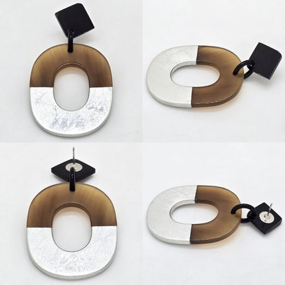 Hermes Earrings Ism Binaural Buffalo Horn Lacquer Brownish/silver Color Silver