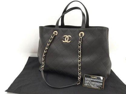 Chanel 2WAY Chain Tote Bag Coco Mark Leather Black As1434