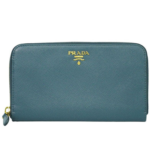 Authentic Prada Saffiano Leather Round Zipper Long Wallet Long Wallet Blue
