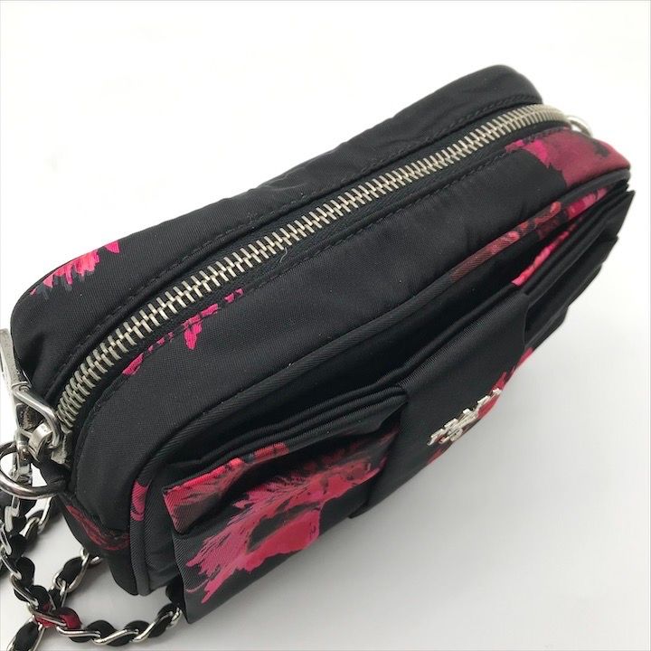 Prada Nylon Tessuto Logo Flower Floral Pattern Mini Chain Shoulder Pouch Black