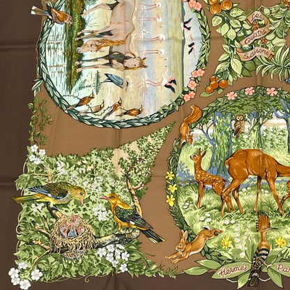 Hermes Carre 90 LES Quatre Saisons Four Seasons Brown Animal Floral Scarf Silk