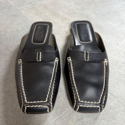 Chanel Coco Mark Leather Stitching Slip-on Sandals Black 34 1 2 21.5cm (8.46in)
