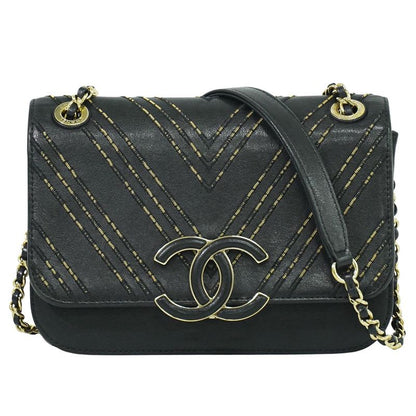 Authentic Chanel Coco Mark V Stitch Chain Shoulder Bag Pochette Lambskin