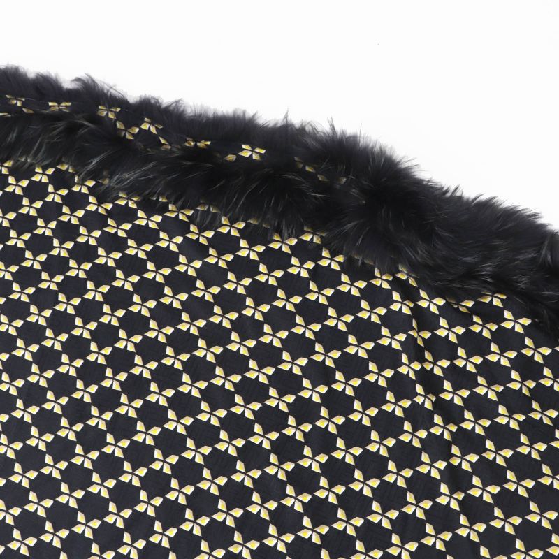 Fendi Fxt069 Silk Blend Raccoon Fur Zucca Pattern Scarf Black Yellow Beige