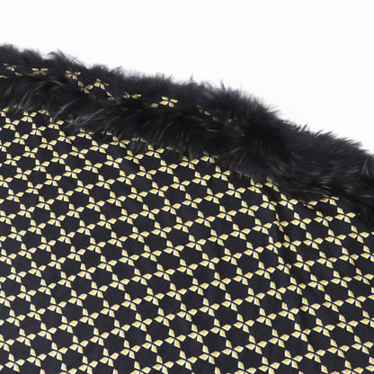 Fendi Fxt069 Silk Blend Raccoon Fur Zucca Pattern Scarf Black Yellow Beige