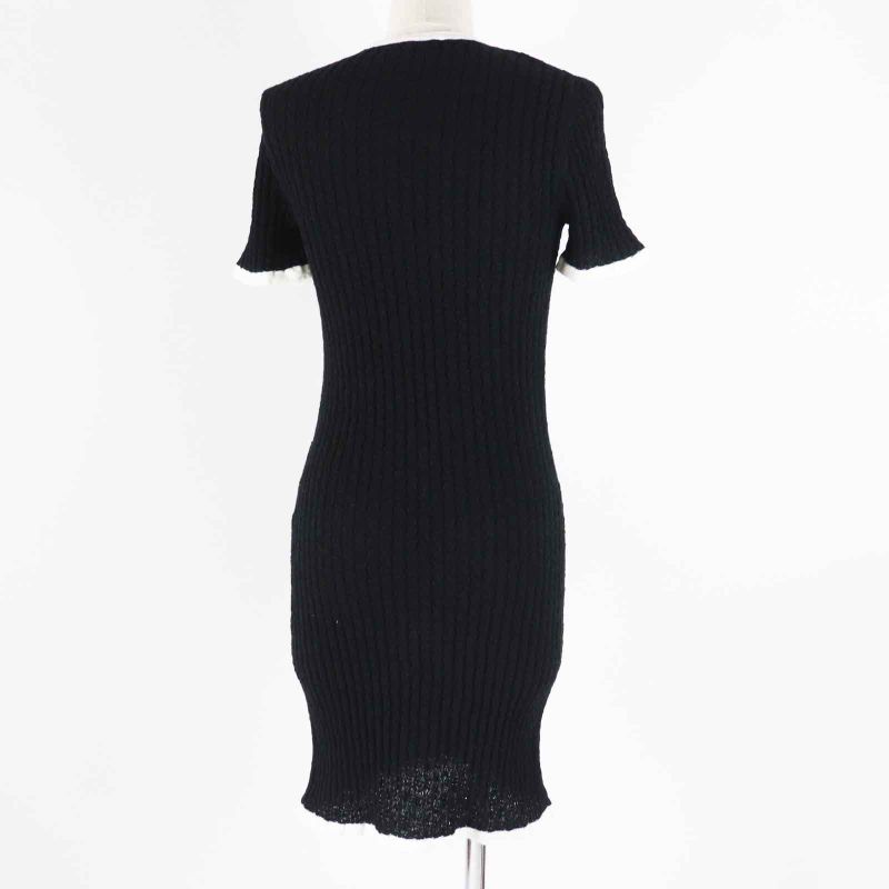 CHANEL P72078 Bicolor Short Sleeve Dress With Coco Mark Buttons Black White 36