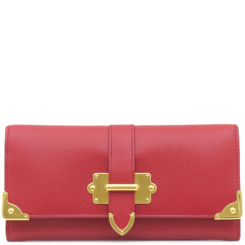 Prada Long Wallet Caier Wallet Saffiano Leather Fuoco Gold Hardware Red