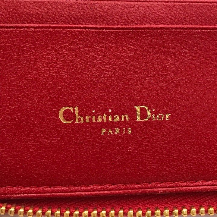 Dior Lady Cage Leather Bifold Round Compact Wallet Red