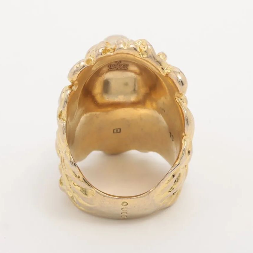 Gucci Michele Era Lion Head Stone Ring Gold Clear