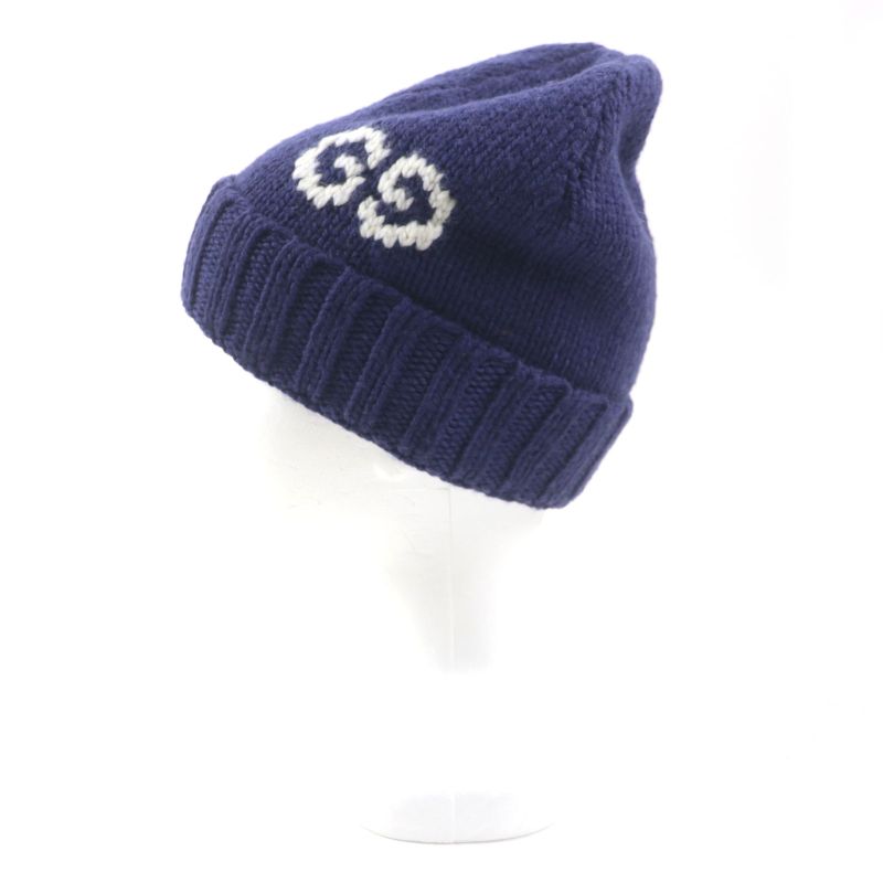Gucci 602886 GG LOGO KNIT Baenie 100% Wool Hat Knit Cap Navy M (58 22cm