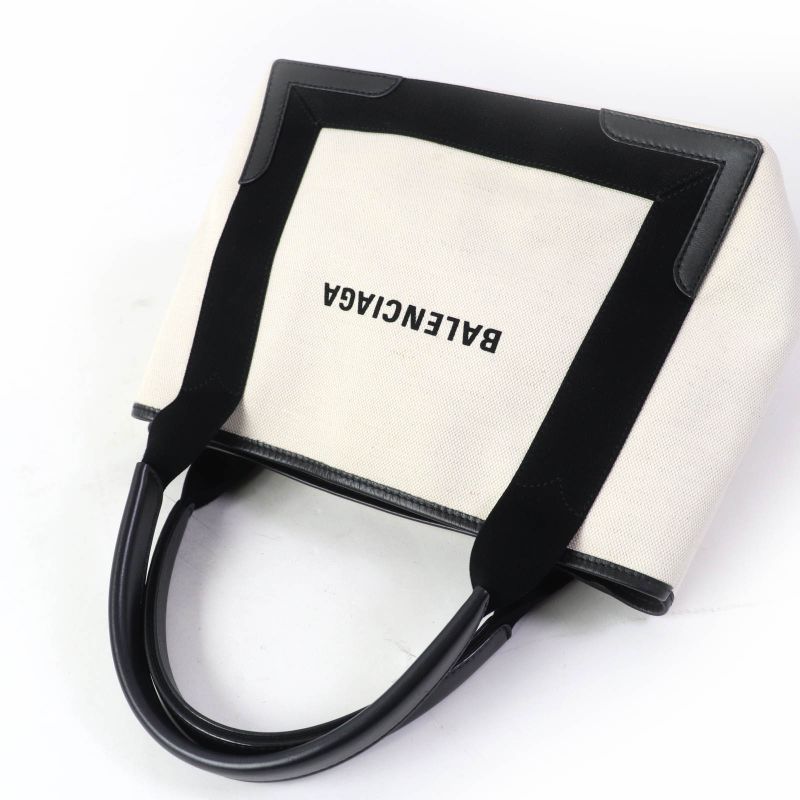 Balenciaga 339933 Small Cabas Su Cotton Canvas And Black Calfskin Handbag With