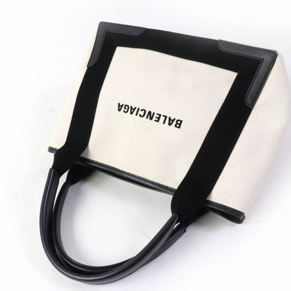 Balenciaga 339933 Small Cabas Su Cotton Canvas And Black Calfskin Handbag With