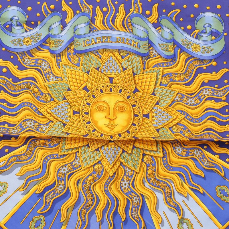 Hermes Carré 90 Carpe DIEM Enjoy The Day Silk Scarf Blue