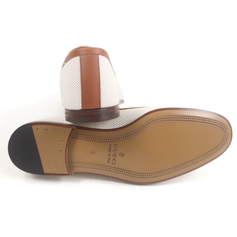 Gucci 430088 Canvas Leather Horsebit Gold Hardware Loafers Ivory Brown 6 With