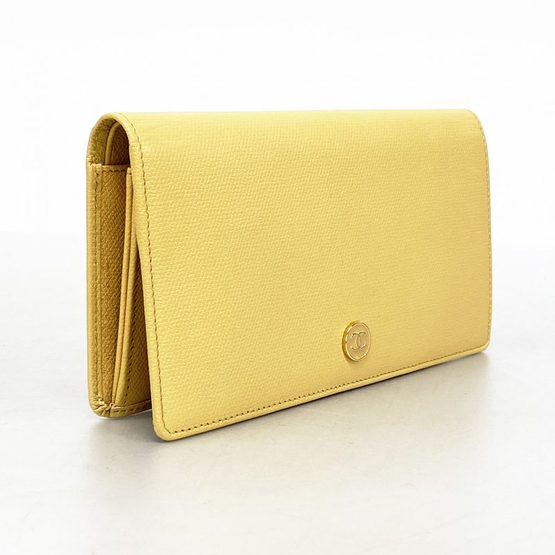 Chanel Long Wallet Coco Button Leather Beige Gold Hardware Women