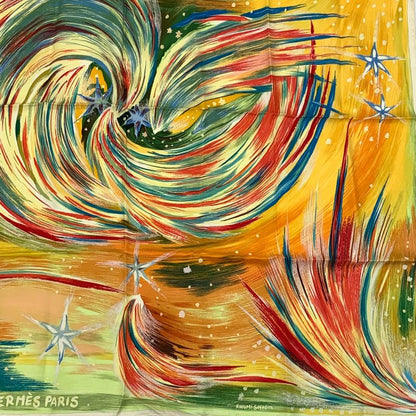 Hermes Carre 90 FEUX DU CIEL Heavenly Fire Scarf 100% Silk Orange Multicolor