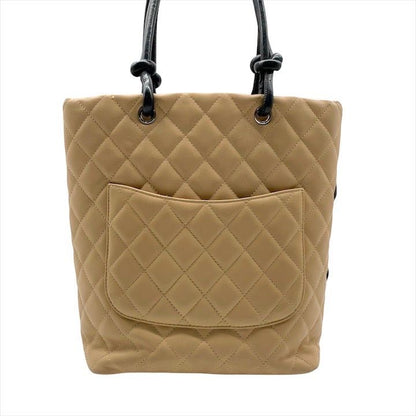 Chanel Cambon Quilted Leather CC Logo Hand Bag Beige Black Bag
