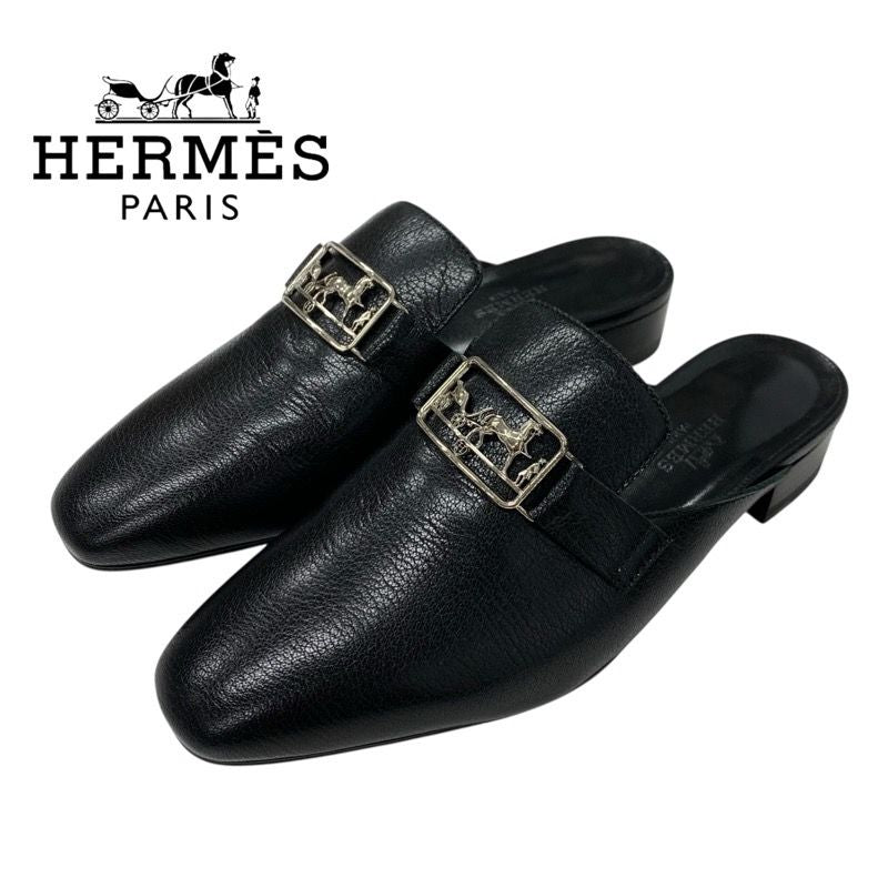 Hermes Vincennes Sandals Shoes Leather Black Silver Mule Carriage Hardware