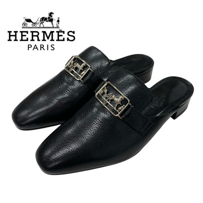 Hermes Vincennes Sandals Shoes Leather Black Silver Mule Carriage Hardware