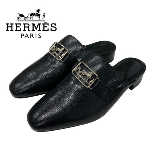 Hermes Vincennes Sandals Shoes Leather Black Silver Mule Carriage Hardware