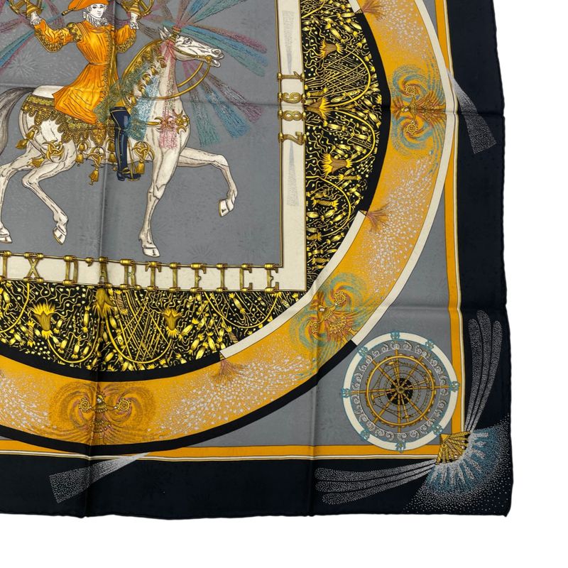 Hermes Carree 90 FEUX D'artifice Artisanal Fire Silk Scarf Black