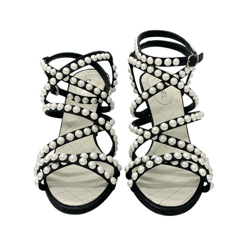 Chanel Sandals Shoes Leather Black White Coco Mark Pearl Matelasse Strap