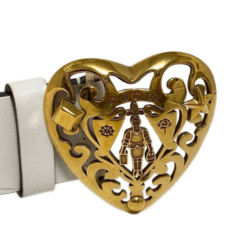 Gucci Belt 85 34 - 207557 White And Gold Heart Cles Strap Leather