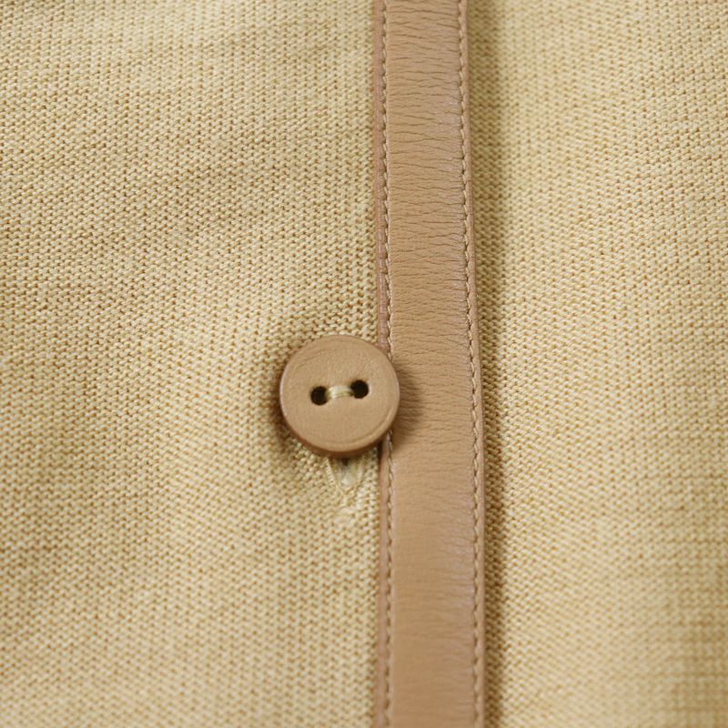Hermes 100% Wool Lamb Leather Trim Short Sleeve Knit Cardigan Top Yellowish 36