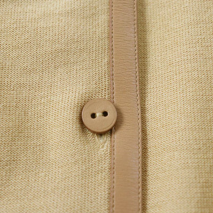 Hermes 100% Wool Lamb Leather Trim Short Sleeve Knit Cardigan Top Yellowish 36