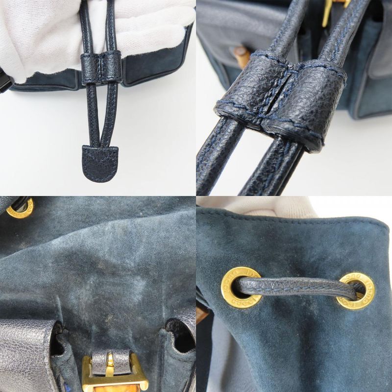 Gucci Backpack Daypack 003.58.0016 Bamboo Suede Leather Navy Gold Hardware