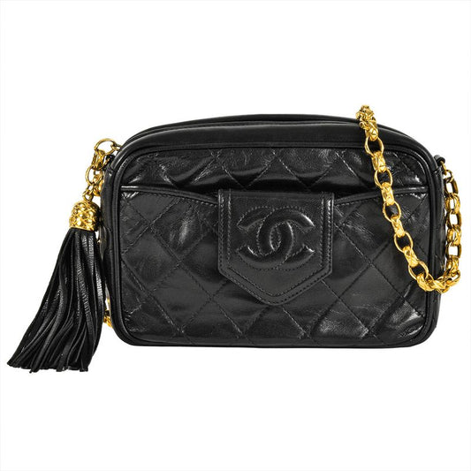 Chanel Matelasse Shoulder Bag Lambskin Black Gold Hardware Coco Mark Fringe