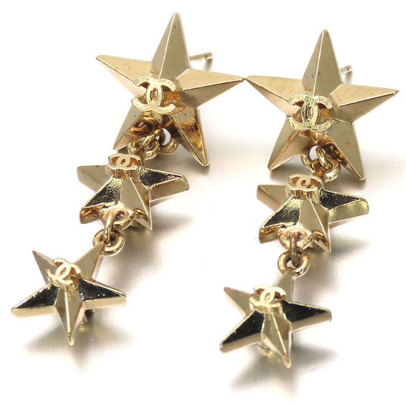 Chanel Earrings Triple Star Coco Mark Metal Gold Plated Accessories 3strand