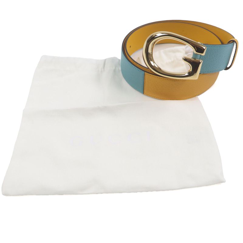  Gucci Memorable Buckle 709954 G Logo Buckle Bicolor Leather Belt Yellow Blue
