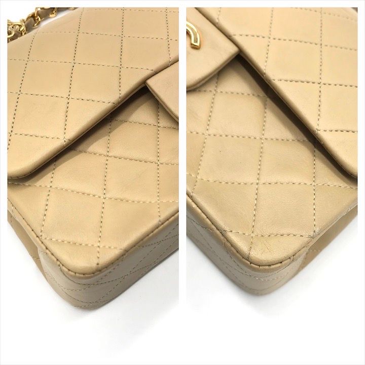 Chanel CC Logo Quilted Double Flap Chain Lambskin Shoulder Bag Beige