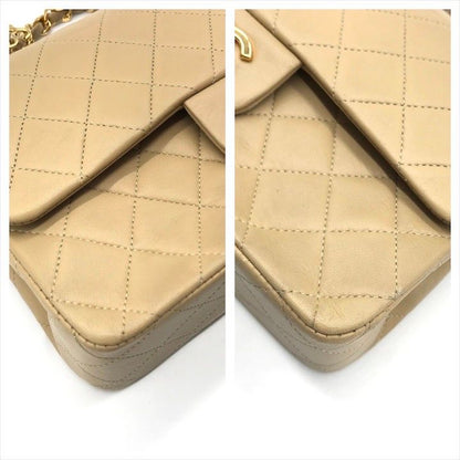 Chanel CC Logo Quilted Double Flap Chain Lambskin Shoulder Bag Beige