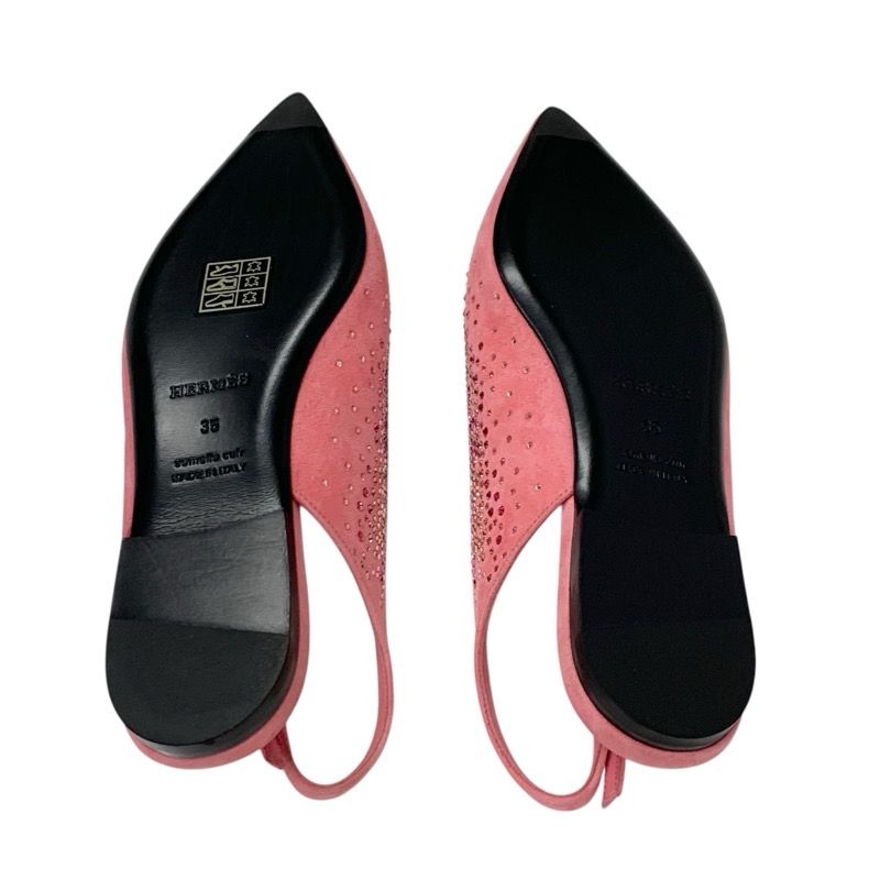 Hermes Flat Shoes Suede Pink Unused Ring Back Rhinestone