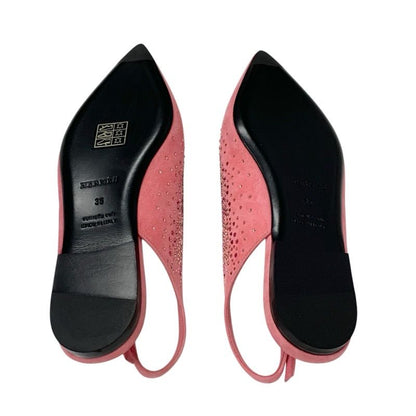 Hermes Flat Shoes Suede Pink Unused Ring Back Rhinestone