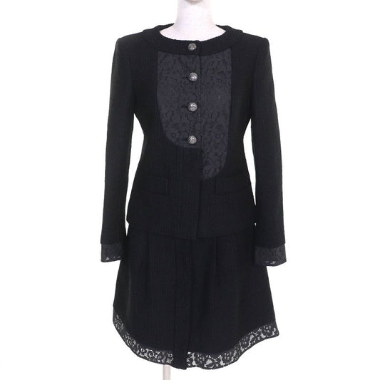 CHANEL P51026/p51112 Coco Button Lace Cotton Tweed Collarless Jacket Skirt
