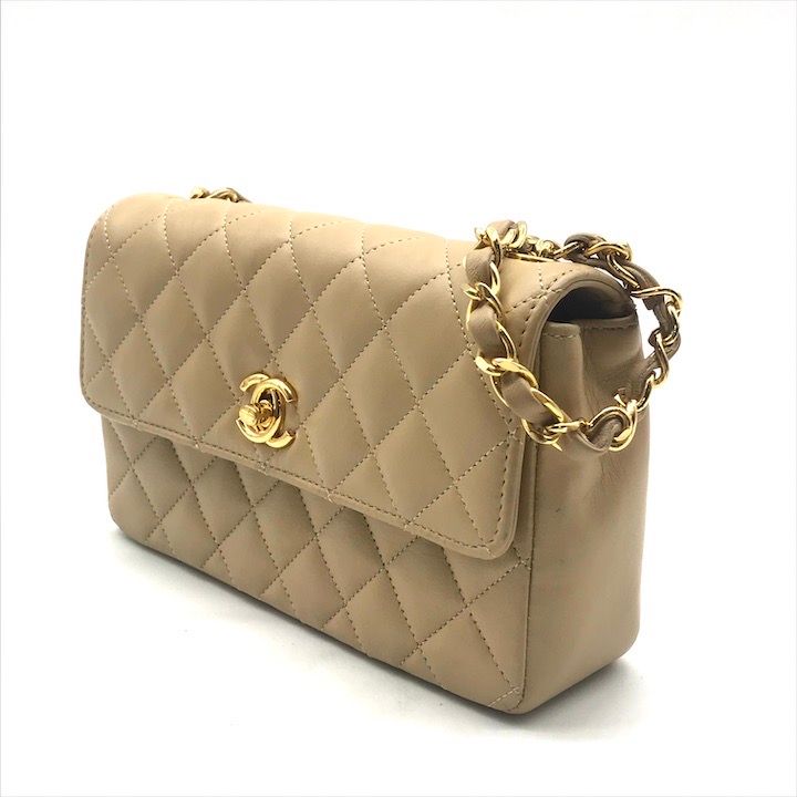 Chanel CC Logo Mini Quilted Turnlock Shoulder Bag Beige